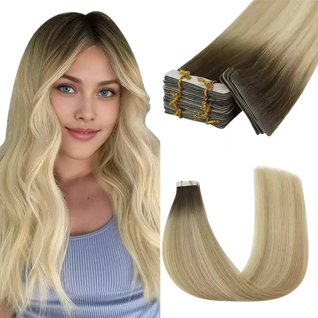 Extensii cu bandă adezivă invizibilă Ombre Saten Ciocolatiu/Blond Deschis