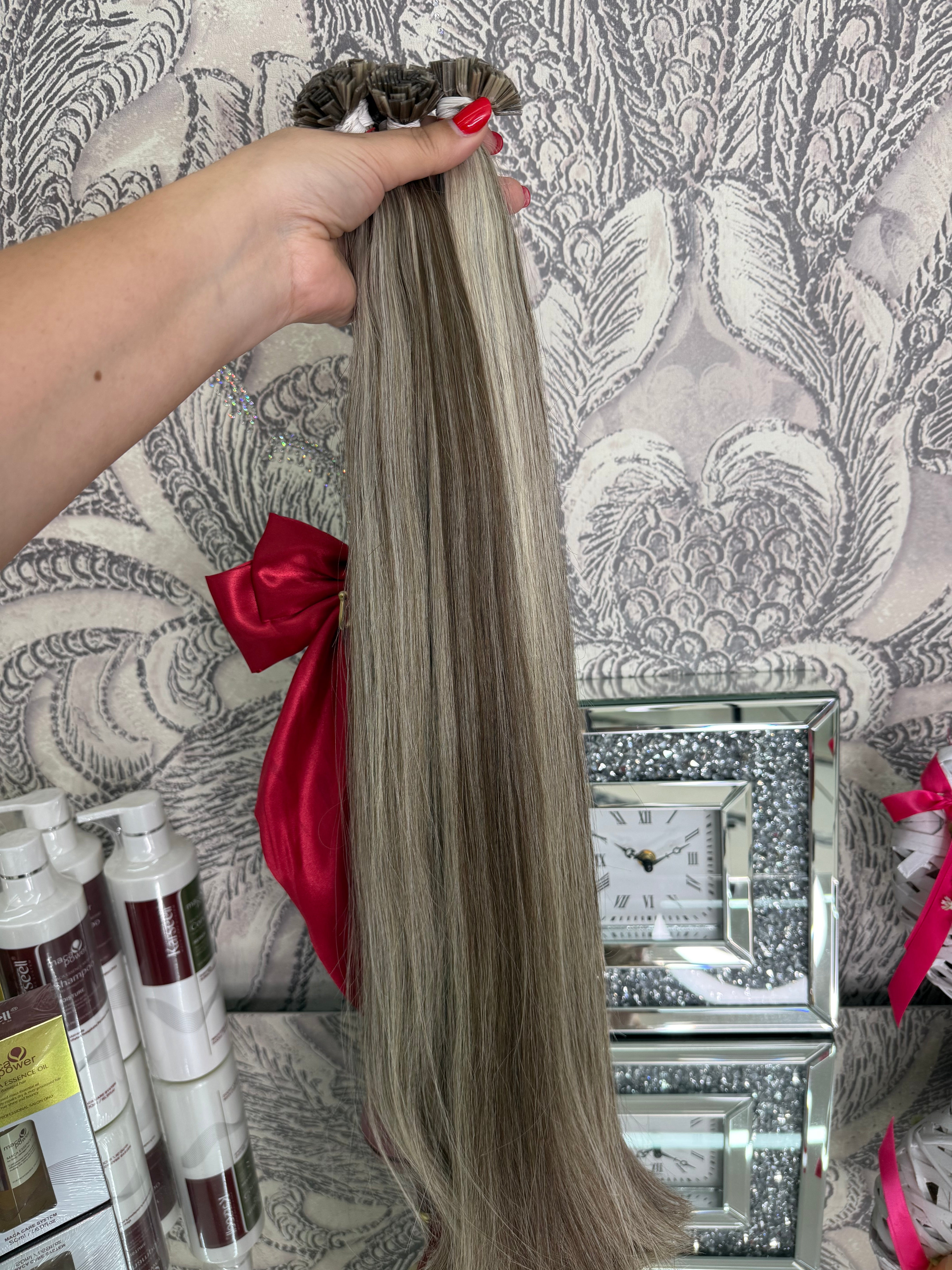 Extensii Cheratina Par Rusesc Balayage Saten Ciocolatiu Blond Alb