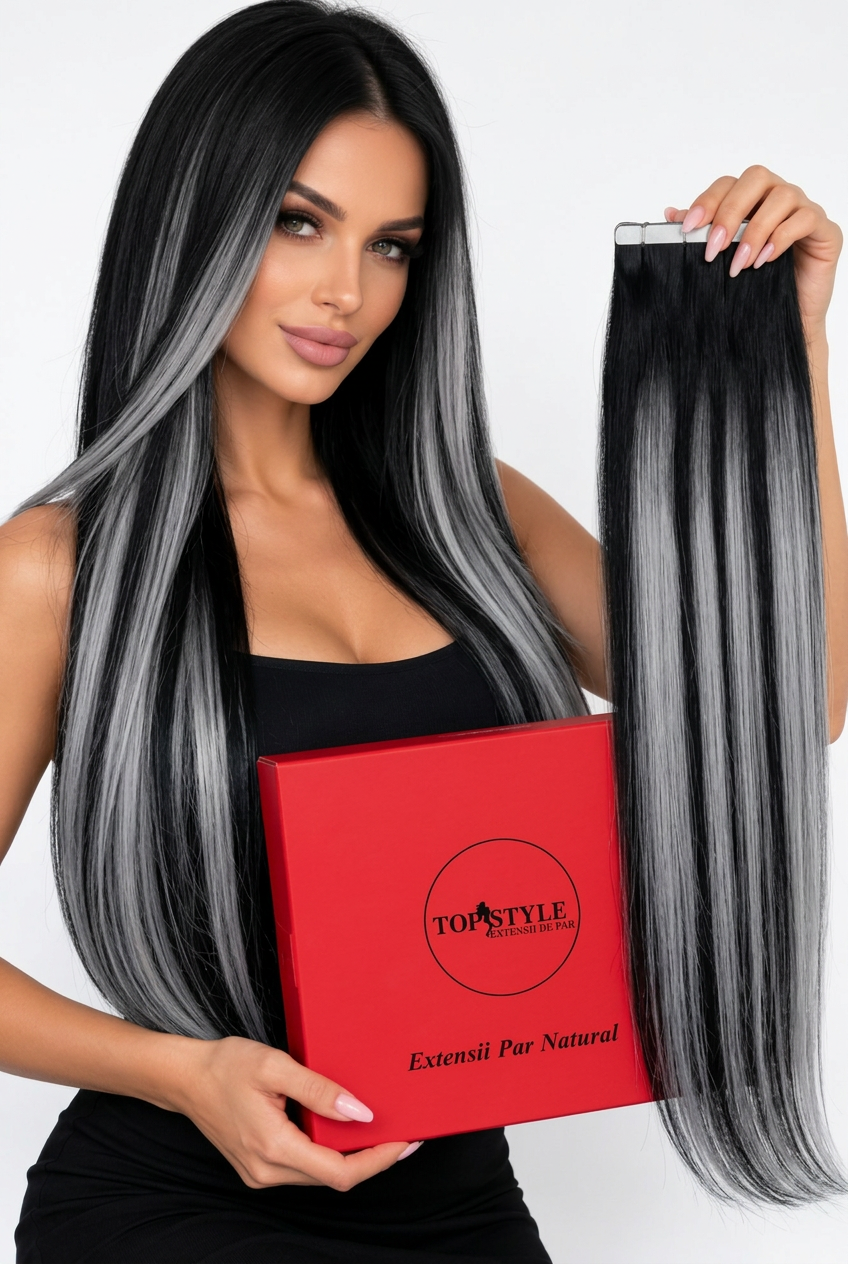 Extensii cu Banda Suvitat Negru cu Grey #1Grey