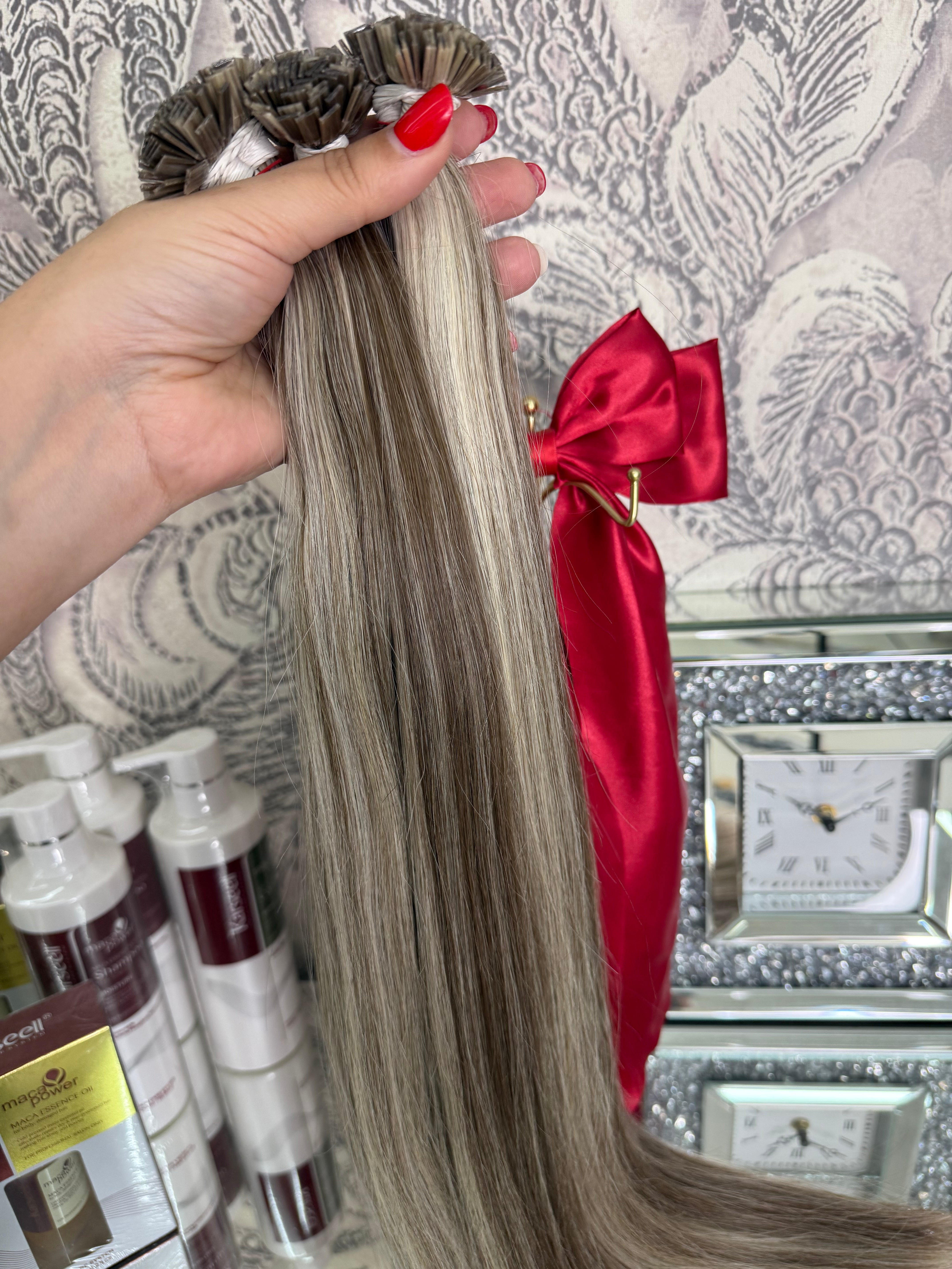 Extensii Cheratina Par Rusesc Balayage Saten Ciocolatiu Blond Alb