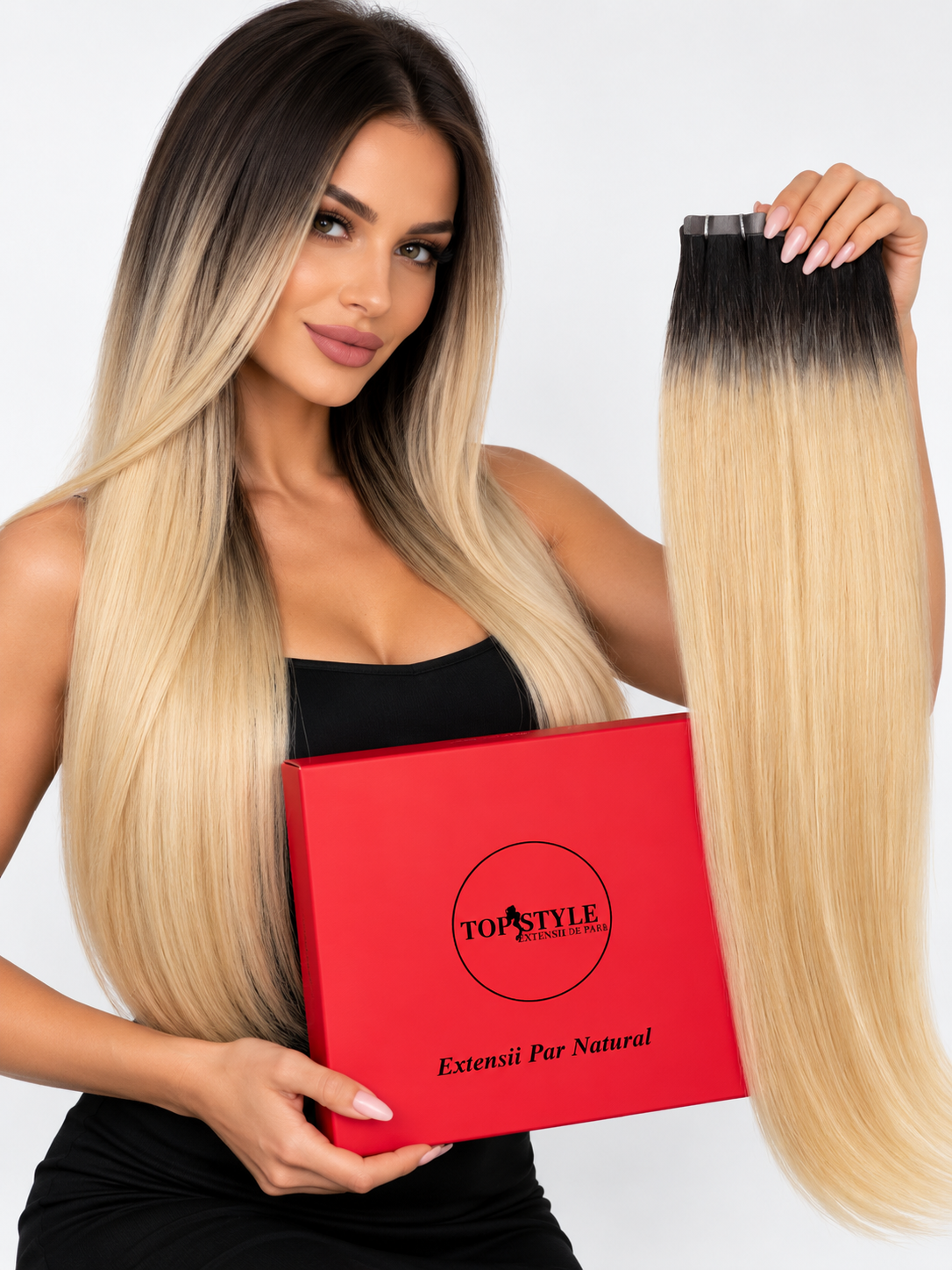 Extensii cu Banda Ombre Negru cu Blond