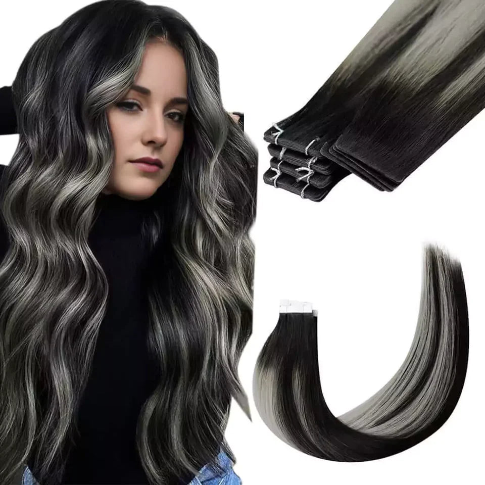 Extensii cu bandă adezivă invizibilă Balayage Negru Gri