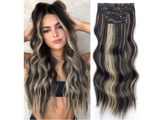 Extensii clip-on sintetic (dublu volum) Negru/Blond suvitat, 200g 60cm
