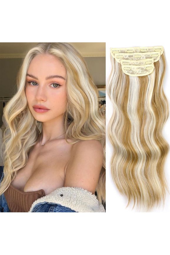 Extensii clip-on sintetic (dublu volum)Blond/Saten deschis suvitat, 200g 60cm