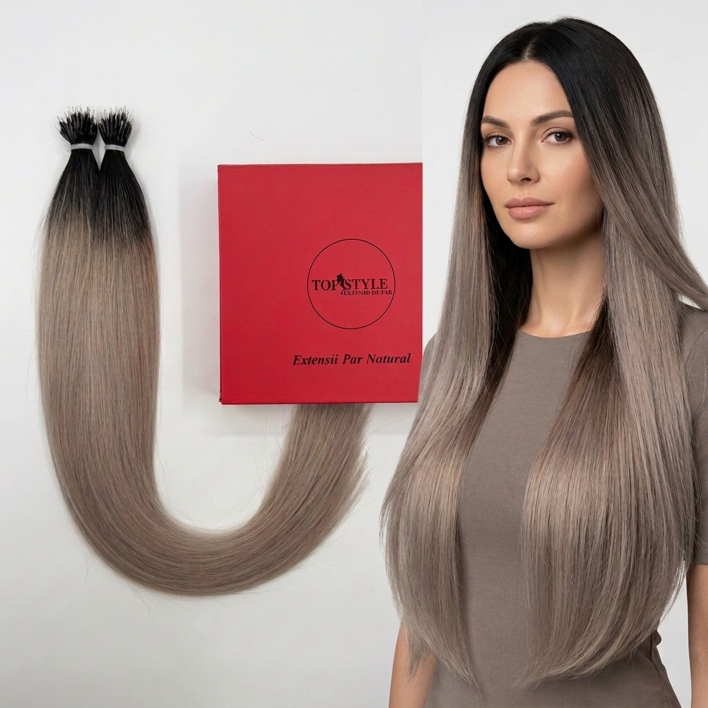 Model cu păr ombre brunet cu gri-bej, extensii și cutie roșie TopStyle mai mică, cu proporții naturale